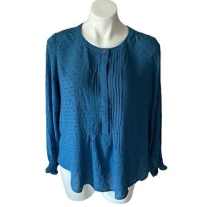 Loft Teal Dotted Pleated Long Sleeve Scoop Neck Blouse With Ruffle Sleeves